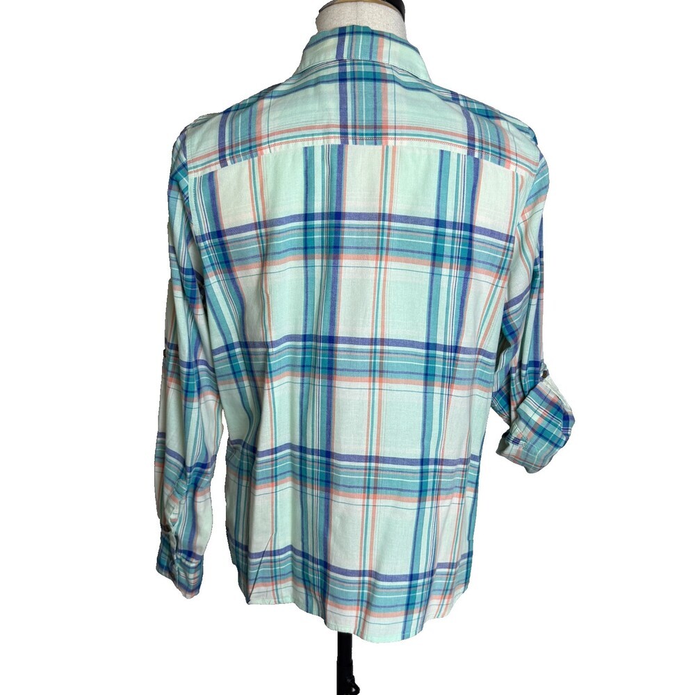 The North Face Button Up Blouse Women's Sz XL Blue Green Plaid Roll Tab Sleeves - Picture 9 of 15
